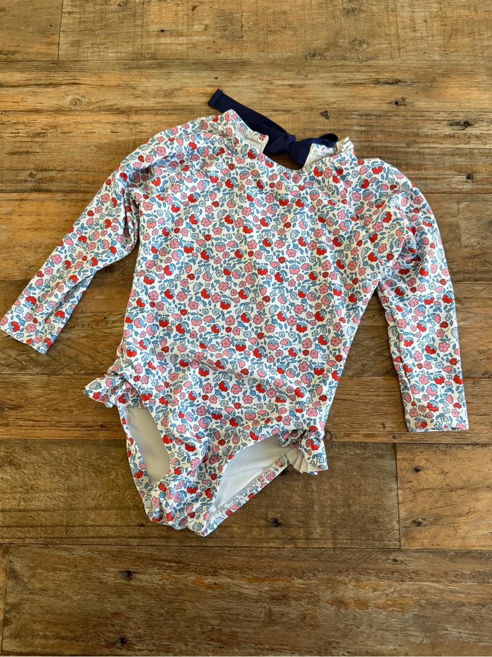 Minnow Long-Sleeve Floral Swimsuit - White with Pink & Blue Flowers